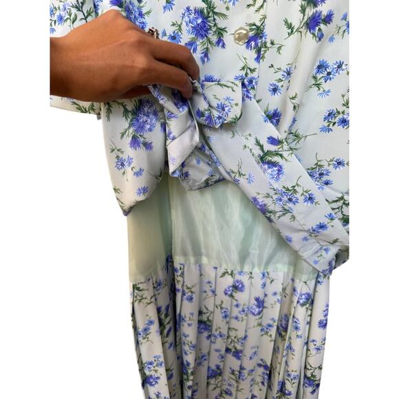 Leslie Fay 90s Grandmacore Prairie Midi Dress 14/Blue Floral Lace Collar - Picture 4 of 9